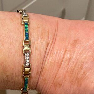 Australian Opal & Diamonds Bracelet 14K Solid Yellow Gold 17.8gr 7-1/8" Long EUC